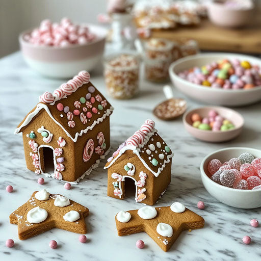 Playful gingerbread house pieces and candy decorations