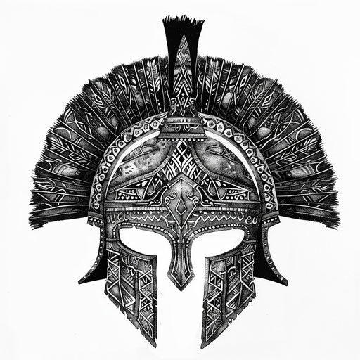Mandala and Spartan helmet in black ink on white background