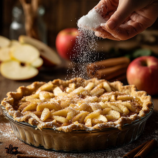 Apple pie being sprinkled with sugar with sliced apples