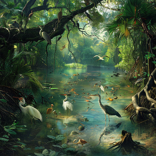 Animals in a lush mangrove forest
