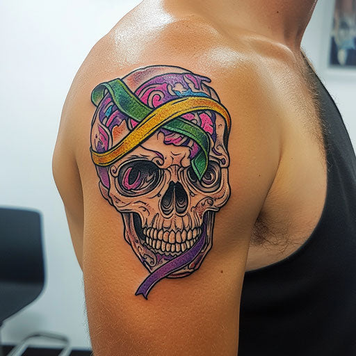 Cancer tattoo with a skull holding a ribbon on the arm