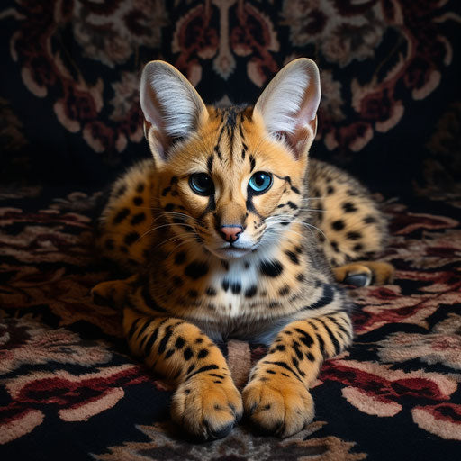 A fishing cat lying on a carpet
