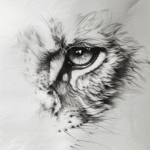 Bold sketch of a micro-realism lion's eye with intense gaze and fur detail