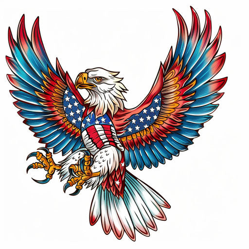 Traditional eagle tattoo with American flag motifs in bold colors