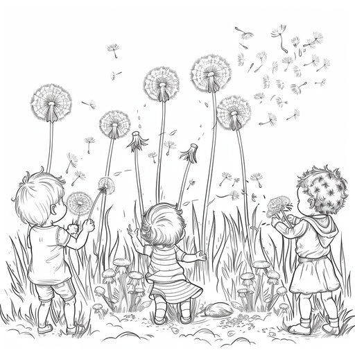 Children blowing dandelions in a grassy field