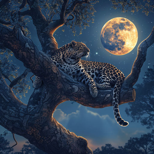 Leopard watching the full moon in the night sky
