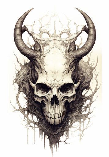Full drawing of a skull with horned facial features, in the style of goblincore, captivating 23:33