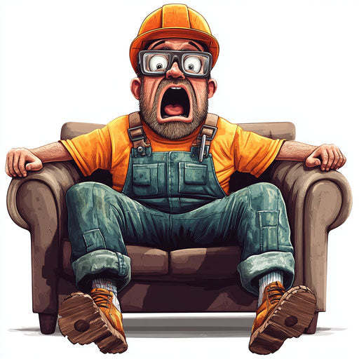 Humorous caricature of a construction worker with human characteristics on a couch