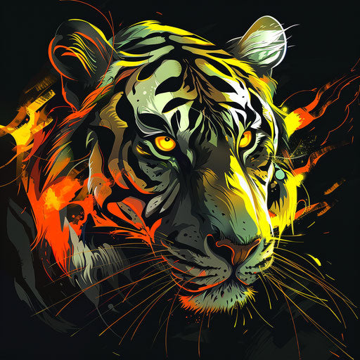 Bold flat tattoo sketch of a neon tiger with yellow and orange stripes