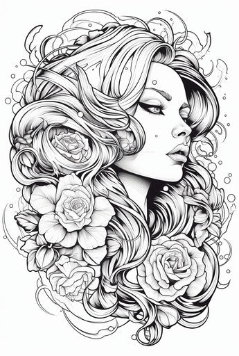 Woman and roses for coloring, cobra style, mende art, 84:125