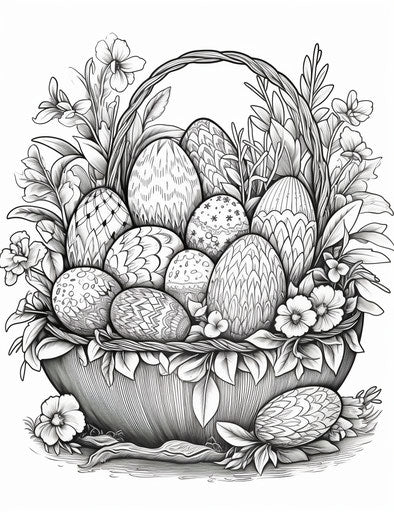 Easter egg basket coloring page, characterful pen and ink style, striped arrangements, lush and detailed, RTX on