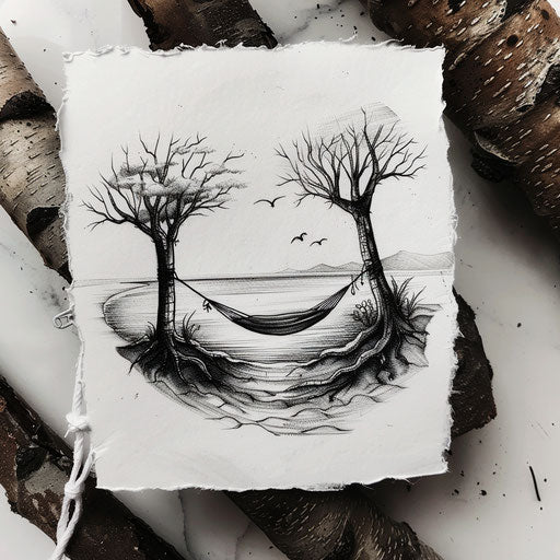 Tranquil tattoo sketch of a hammock between two trees in a serene dream setting