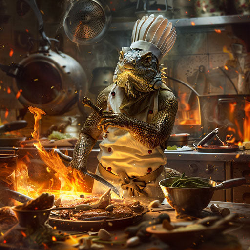 The iguana master chef in a bustling kitchen