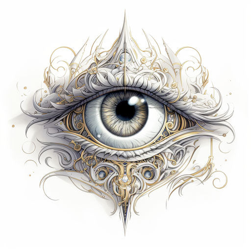 Eye encircled by cyberpunk swirls on white background