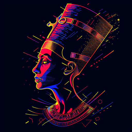 Modern flat tattoo sketch of Nefertiti with vibrant digital effects and neon outlines