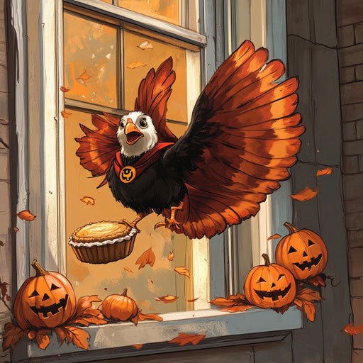 The superhero turkey saves the pie with pumpkin cheers