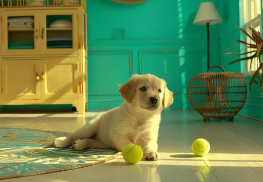 Puppy playing with tennis ball on the ground