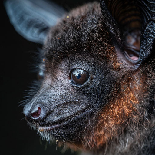 A closeup of a bat's face