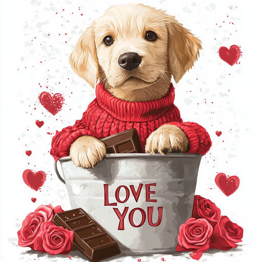 Adorable puppy in red sweater in bucket of roses and hearts