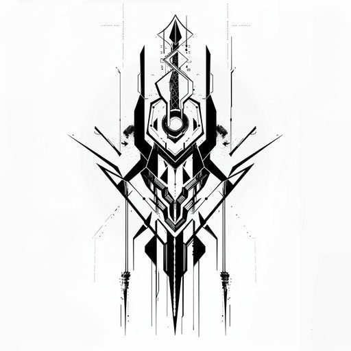 Minimalist cyber tribal tattoo with digital lines, black and silver on white background