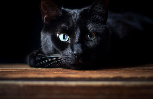 Black cat on wooden table, light indigo and gray style