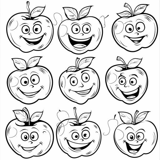 Cheerful expressive cartoon apples. Coloring book page