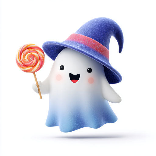 Cheerful ghost in a wizard hat holding a lollipop