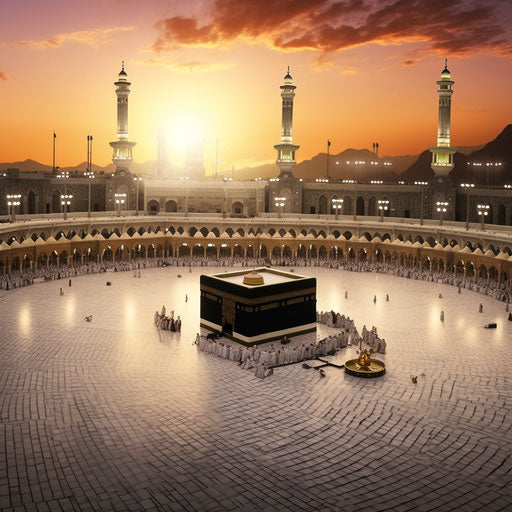 The Great Mosque of Mecca at sunset, y2k aesthetic style, dark white and dark brown, dotted rug