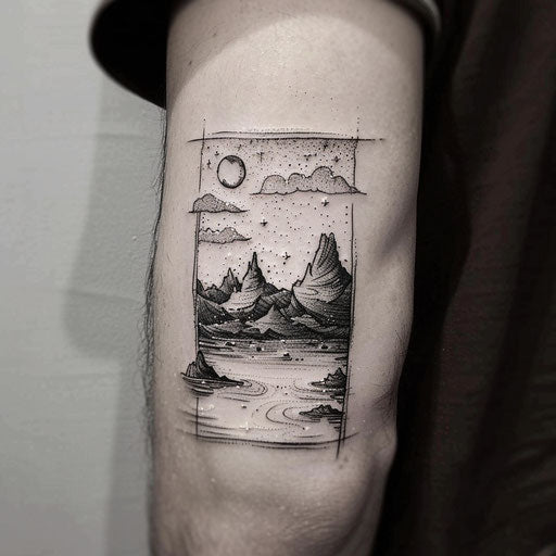 Surreal tattoo sketch of a mountain landscape under a starry sky