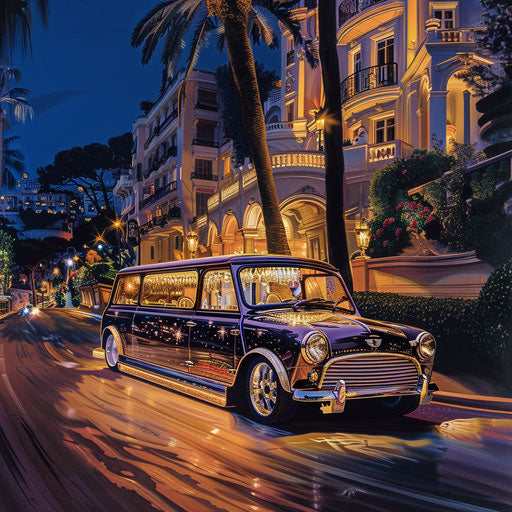 Luxurious Mini Cooper limousine with champagne bar in Monaco at night