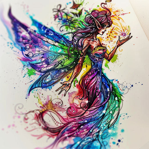 Colorful fairy illustration on white canvas