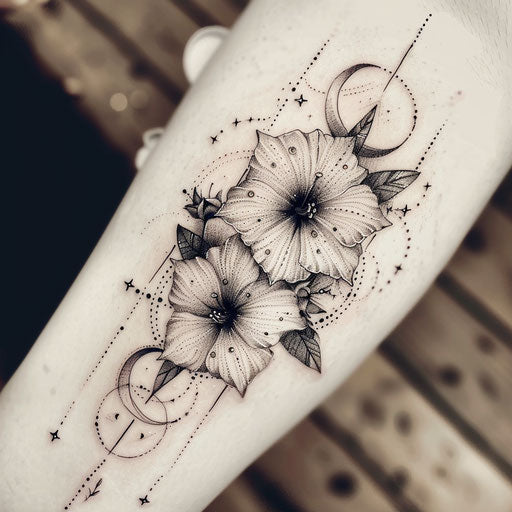Mystical sketch of morning glory tattoo with stars and moon phases