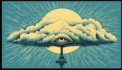 Vintage cloud with an eye and lightning bolt under woodcut tattoo