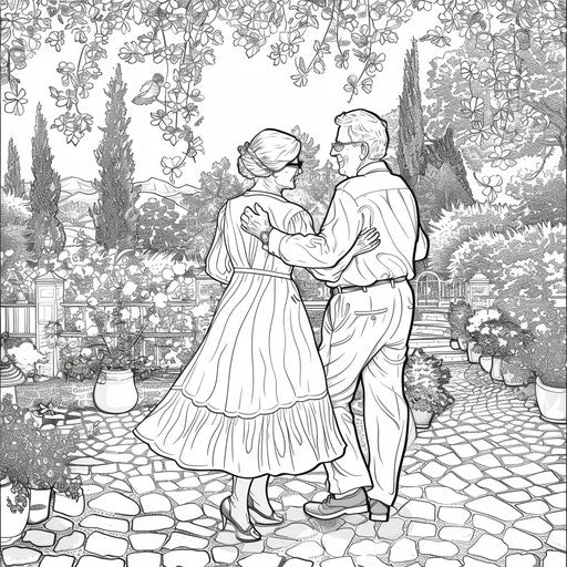 Elderly couple dancing in a garden