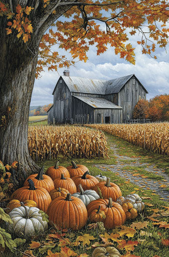 Rustic autumnal scene with pumpkins and old barn