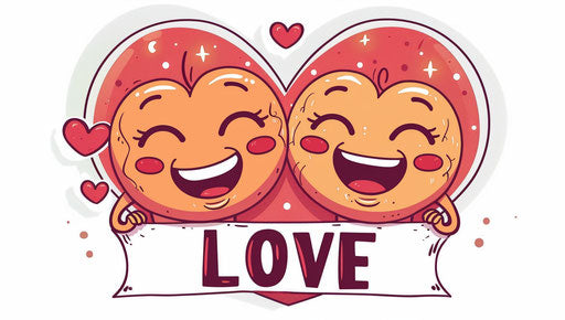 Two cute happy emoji on red heart with word "LOVE"
