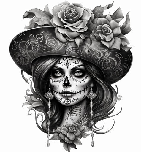 Skull hat tattoo design in black and white