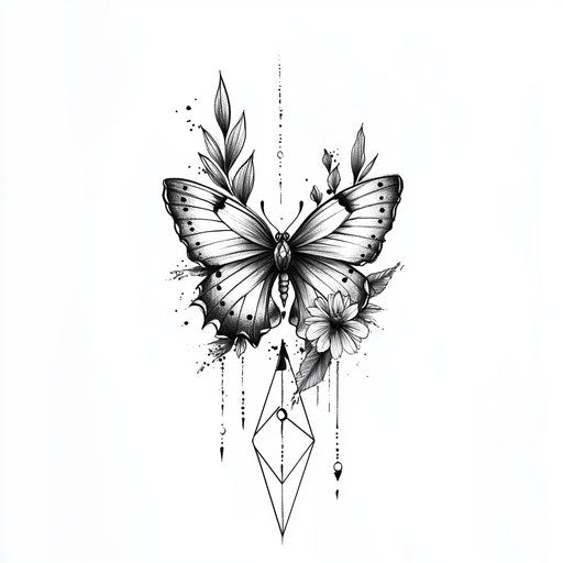 Butterfly with geometric shapes upper arm tattoo sketch