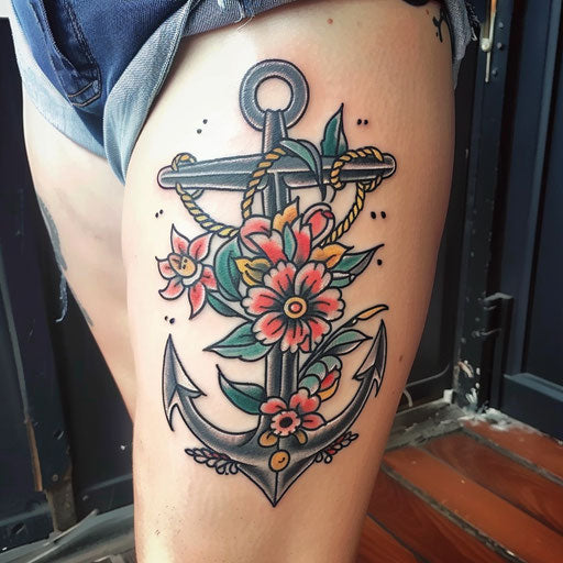 Classic anchor thigh tattoo in the style of Sailor Jerry