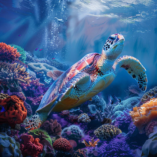 Sea turtle swimming among colorful coral reefs