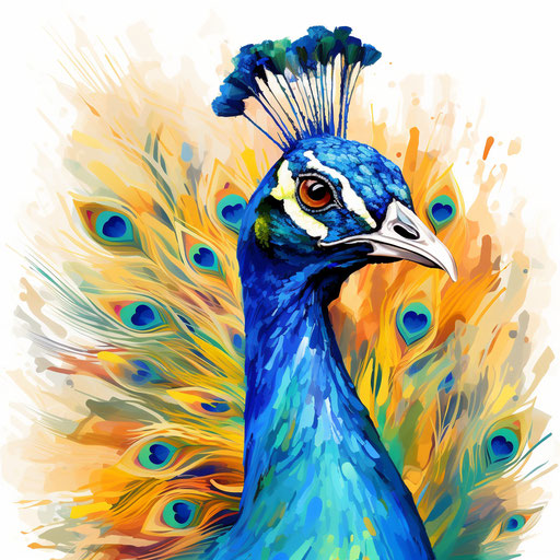 Peacock illustration in the style of Impressionistic Art, on white background