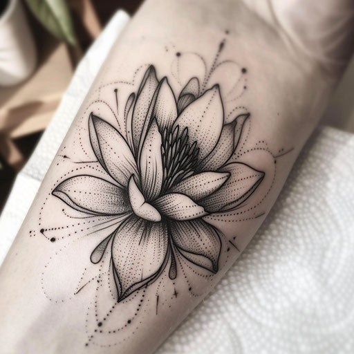 Blackwork water lily tattoo art, strong black lines and dotwork