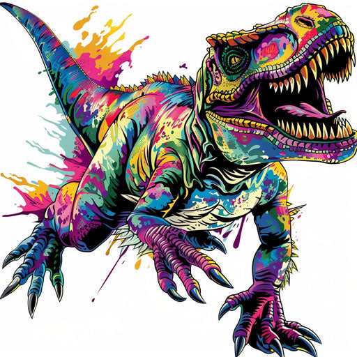 Brightly colored retro comic book style dinosaur tattoo