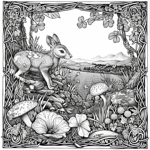 Detailed nature scene with Irish wildlife and shamrocks
