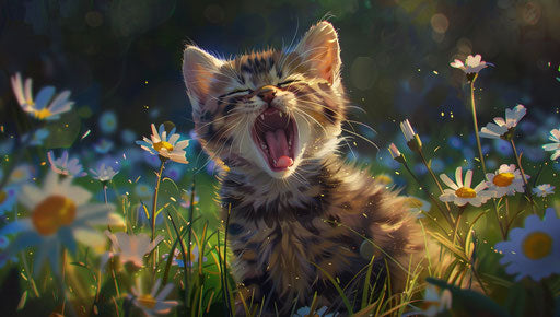 Kitten yawning in grass with smilecore style