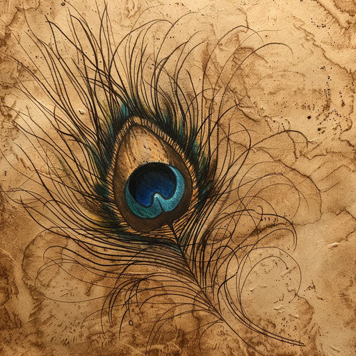 Rustic peacock feather tattoo sketch with earth tones and naturalistic style