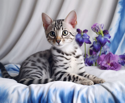 Bengal kitten on bed, light gray, blue, silver, light beige