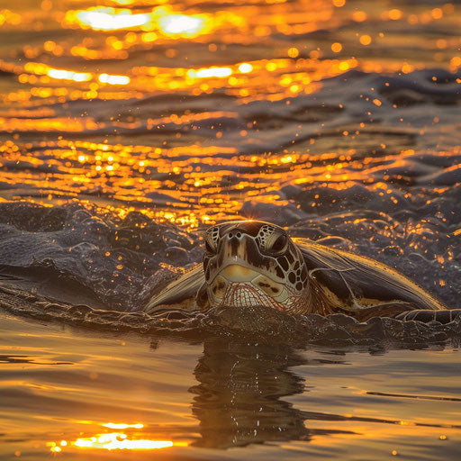 Olive ridley sea turtle emerging at sunset
