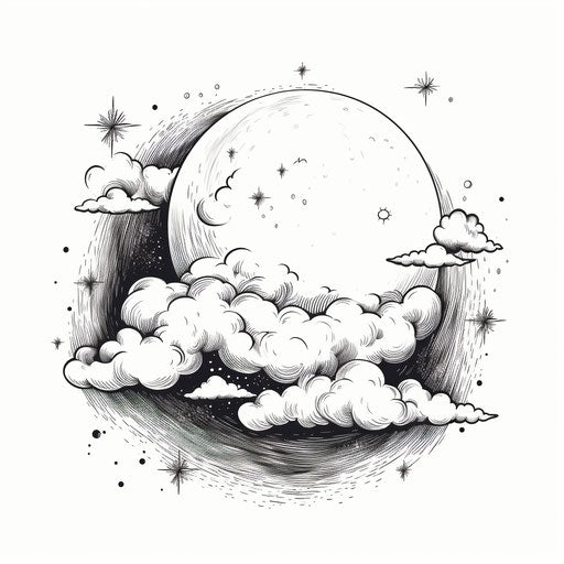 Moon sketch with clouds, water drop style, vintage vibes