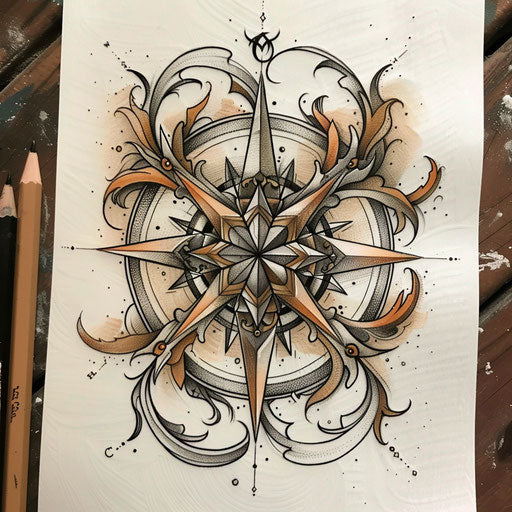 Art Nouveau style tattoo sketch of a compass rose with flowing lines and earthy colors